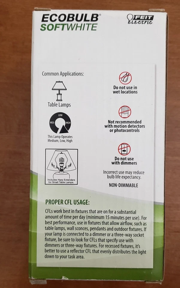 50/100/150 EQUIVALENT 3 WAY CFL ECOBULB LIGHT BULB SOFTWHITE Feit Electric NEW - Image 3 of 4