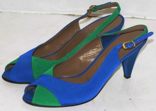 Vintage Green Blue Fabric Covered Bruno Magli Shoes Open Back Size 6 *