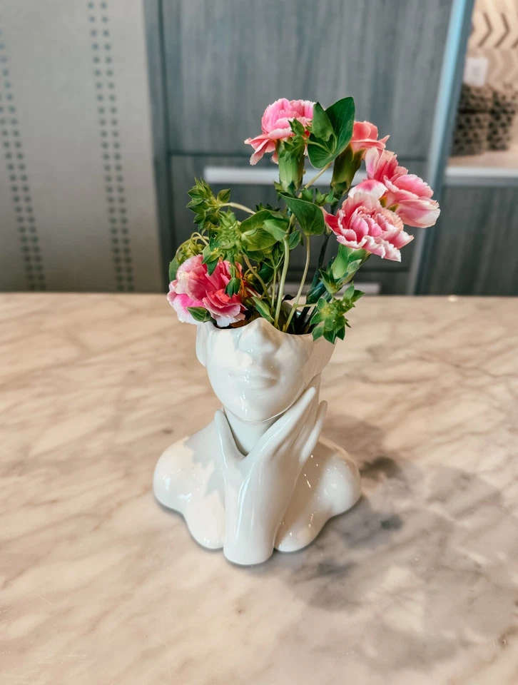 Jarrón facial pequeño de cerámica blanca - Jarrón con cabeza de mujer - Jarrones para arte facial - Cuerpo de mujer  Foto 2 de 4