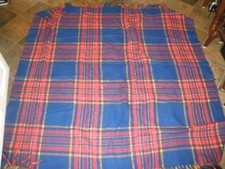 Vintage Blue Red Yellow Plaid Blanket with Fringe Ends 57" x 55" SU109 