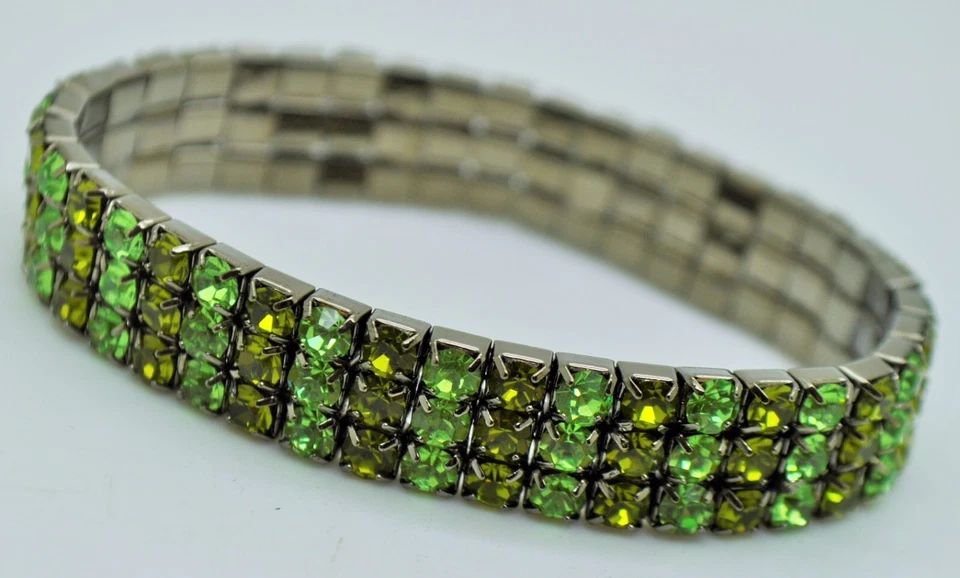 Pulseira da moda elástica 3 fileiras verde e olivina multicolor strass preto níquel - Imagem 3 de 3