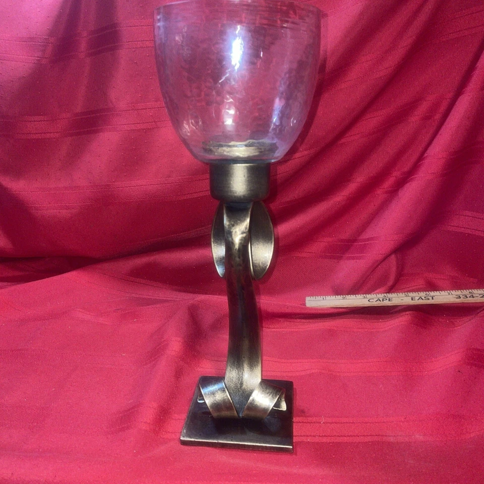 Antiqued Bronze & Glass Pedestal Tea Light Candle Holder T-Lite Ribbon Tuscan - Image 4 of 4