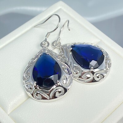 Sapphire Earrings, Simulated teardrop gems, Sterling Silver (Custom Made)  E28