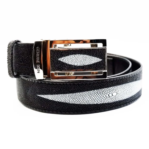 New EXSOOTTI Black Real 3 Ray Leather Skin Metal Auto Buckle Belt 1.5 x 45 inch.