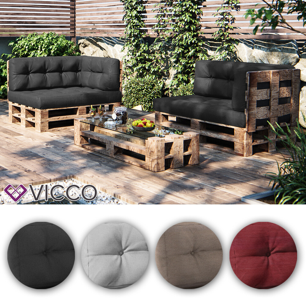 Coussins pour palette Vicco confortables en tissu déperlant gris pour banquette outdoor