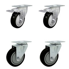 4 Inch SS Black Polyurethane Top Plate Caster Set 2 Total Lock Brakes SCC