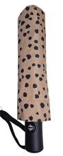 Loft Cheetah Print Umbrella Beige Glow Black Multi Auto Open Wrist Strap NWT