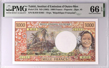 TAHITI 1985 1,000 1000 Francs, P 27 d, Rare, PMG 66 EPQ