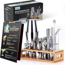 Mixology Bartender Kit with Japanese Jigger & Bamboo Stand - 25 Piece Stainless