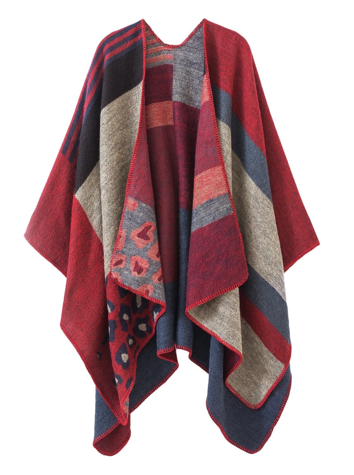 Women's Color Block Shawl Wrap Open Front Poncho Cape (Red-series 2)