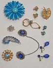 Vintage Blue Costume Jewelry Lot Earrings Brooch Pin Glove Holder Cloak Clasp