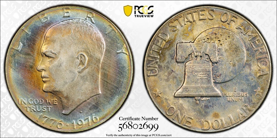 Dólar Eisenhower 1976-D Tipo 2 PCGS "UNC DETALHES": Obv. Exclusivamente Tonificado & Rev. - Imagem 2 de 4