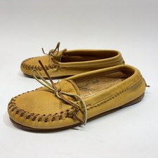VTG Quoddy Genuine Deerskin Moccasins Tan Leather Sole Women s Sz 5.5 Hand-Laced