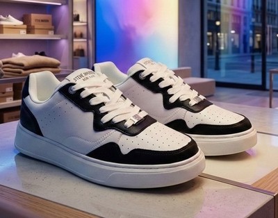 Steve Madden Jorgee Weiß Schwarz Leder Herren Uk 9,5 Turnschuhe Sneaker Schuhe