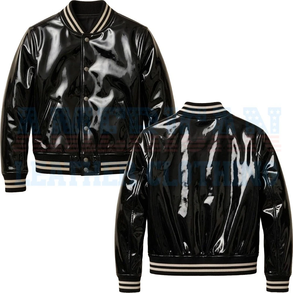 Unisex Varsity Bomber Jacket PVC Vinyl Shiny Glossy Wet Look