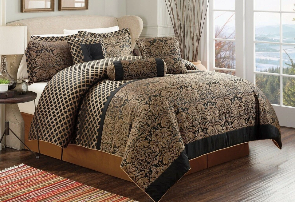Chezmoi Collection 7-Piece Black Gold Jacquard Woven Floral Comforter Set - Image 4 of 4