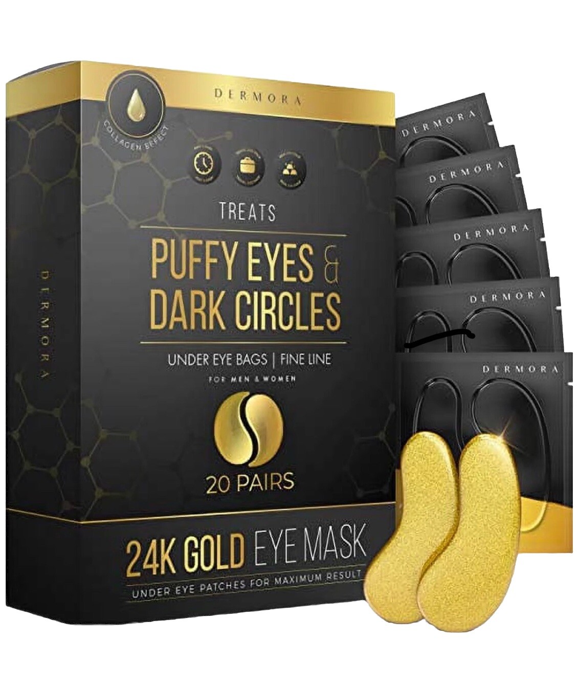 ✅Dermora Eye Mask Golden-Glow-Dark Circles & Puffiness 20 Pairs New.-image