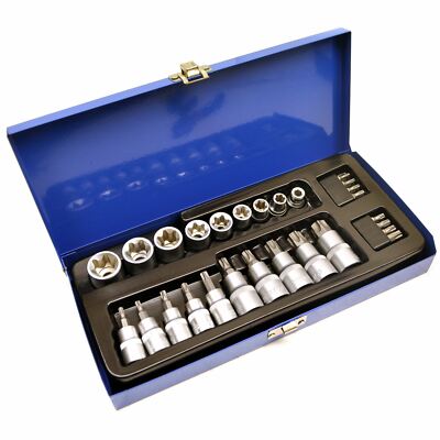 3/8'' 1/2'' Dr Torx / Star Socket and Socket Bit 27pc Set E Type Tamperproof TE06