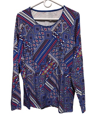 Kim Rogers XXL Blue Pink Geometric Tribal Print Long Sleeve Cotton Stretch Tee