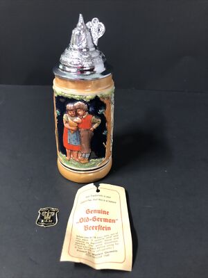Vintage Genuine Old German Couple Beer Stein W Lid Golden Crown E & R Germany