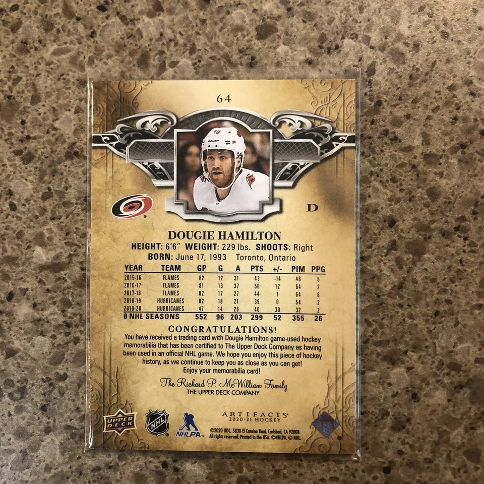 20/21 UD Artifacts Dougie Hamilton Dual Relic /175 - Image 2 of 2