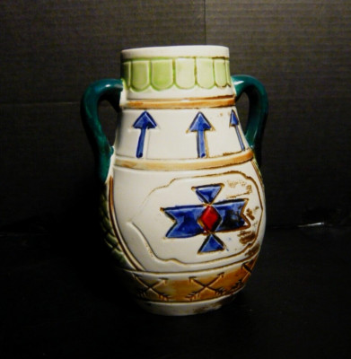 Vintage Hand Painted Ceramic double handle vase Southwestern American Native 7''