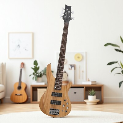 5-String Beginner P-Style Electric Bass Guitar Set-Full Size HH Pickups Natural