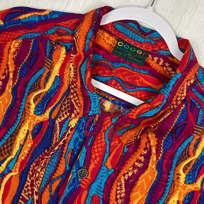 Vintage COOGI Shirt Mens 2XL 100% Rayon Multicolor Button Down Camp Loop Collar 