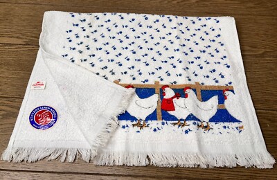 Vintage Chickens Cotton Hand Towel Cannon Terry Cloth Fringed 70s NEW