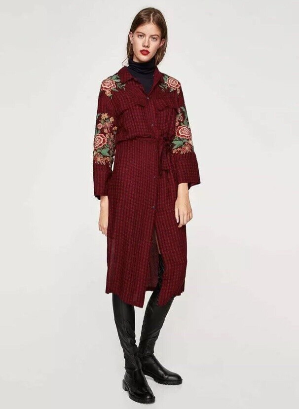zara embroidered dress red Zara trf Duster Tunic Dress Red Navy Plaid Embroidered Floral Belted NWT  Size L