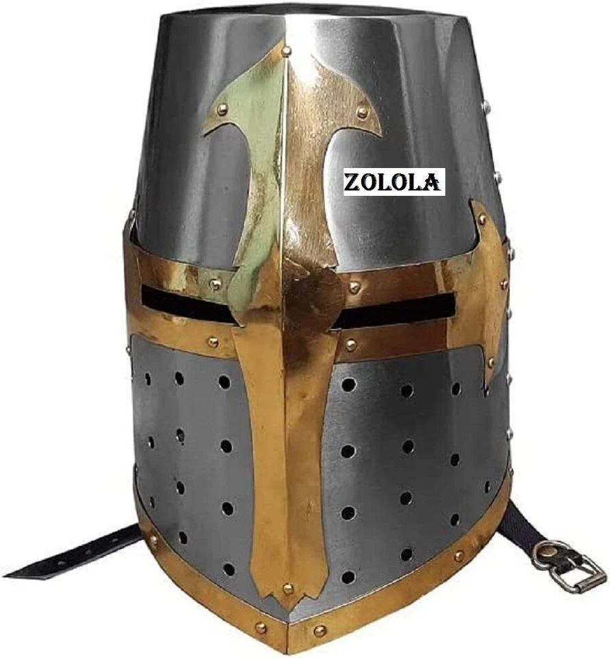 Caballero Medieval Gótico Cruzado Casco Cabeza Desgaste Latón Equipado con Aceite Pulido Foto 3 de 4