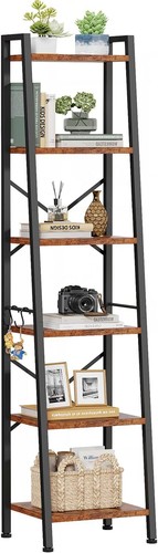 6 Tier Ladder Shelf Bookcase, Tall Ladder Bookshelf Narrow with 2 Hooks