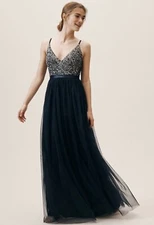 Anthropologie X BHLDN Avery Dress Gown Sz 8 Midnight Navy Sequin Tulle $250
