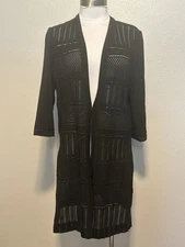 MING WANG Jacket Womens M Black Duster Cardigan Acrylic Long Open Front Knit