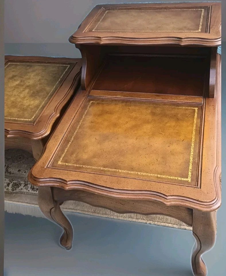 Vintage Coffee and End Table Set Leather Top Henredon Chippendale # 8424 - Image 4 of 4