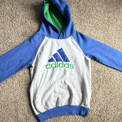 adidas Boys Colorblock Logo Pullover Hoodie 100% Cotton Blue/Gray/Green L