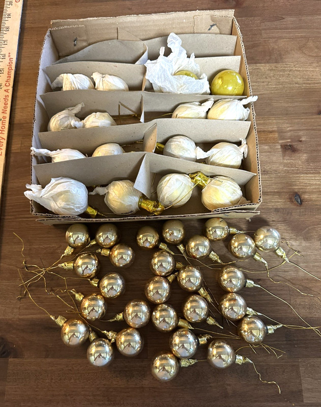 Lot of 43  Vtg Gold Glass Ball Xmas Ornament Wired-Floral Stem Picks 1" and 2”