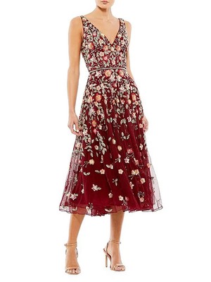 green emerald velvet dress Mac Duggal Sequined Floral Long Sleeve High Neck Midi Dress
