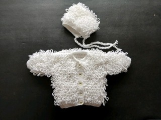 Hand Knitted Baby Girls Loop stitch Cardigan up to 6 months(approx) hat