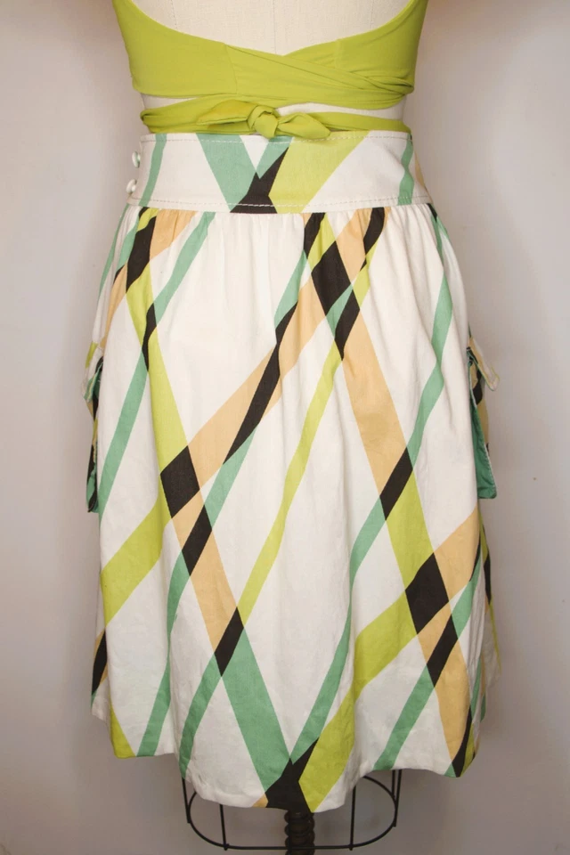 Fei Anthropologie Midi A-Line Skirt 28 Pockets Plaid White Teal Mustard Denim - Image 3 of 4