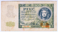 1941 Poland 5 Zlotych 3136349 Paper Money Banknotes Currency