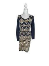 Loryfel Geometric Knit Sweater Dress  Bodycon Blue/Cream Minimalist Siren Sz S 