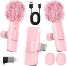 2 Pack Wireless Lavalier Microphone Pink USB-C Lightning 65FT