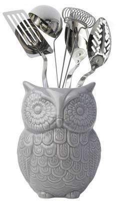 Comfify Owl Utensil Holder Decorative Ceramic Cookware 5''L x 7''H x 4''W, Gray