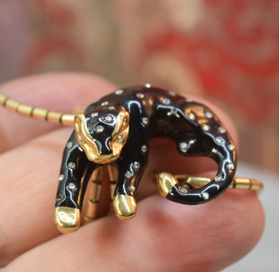 SLC 14K Black Enamel White Sapphire Leopard Panther Big Cat Pendant Necklace 15''