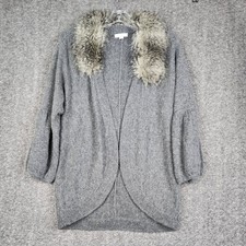 Garnet Hill Cardigan Women S Gray Wool Angora Blend Faux Fur Collar Open Front