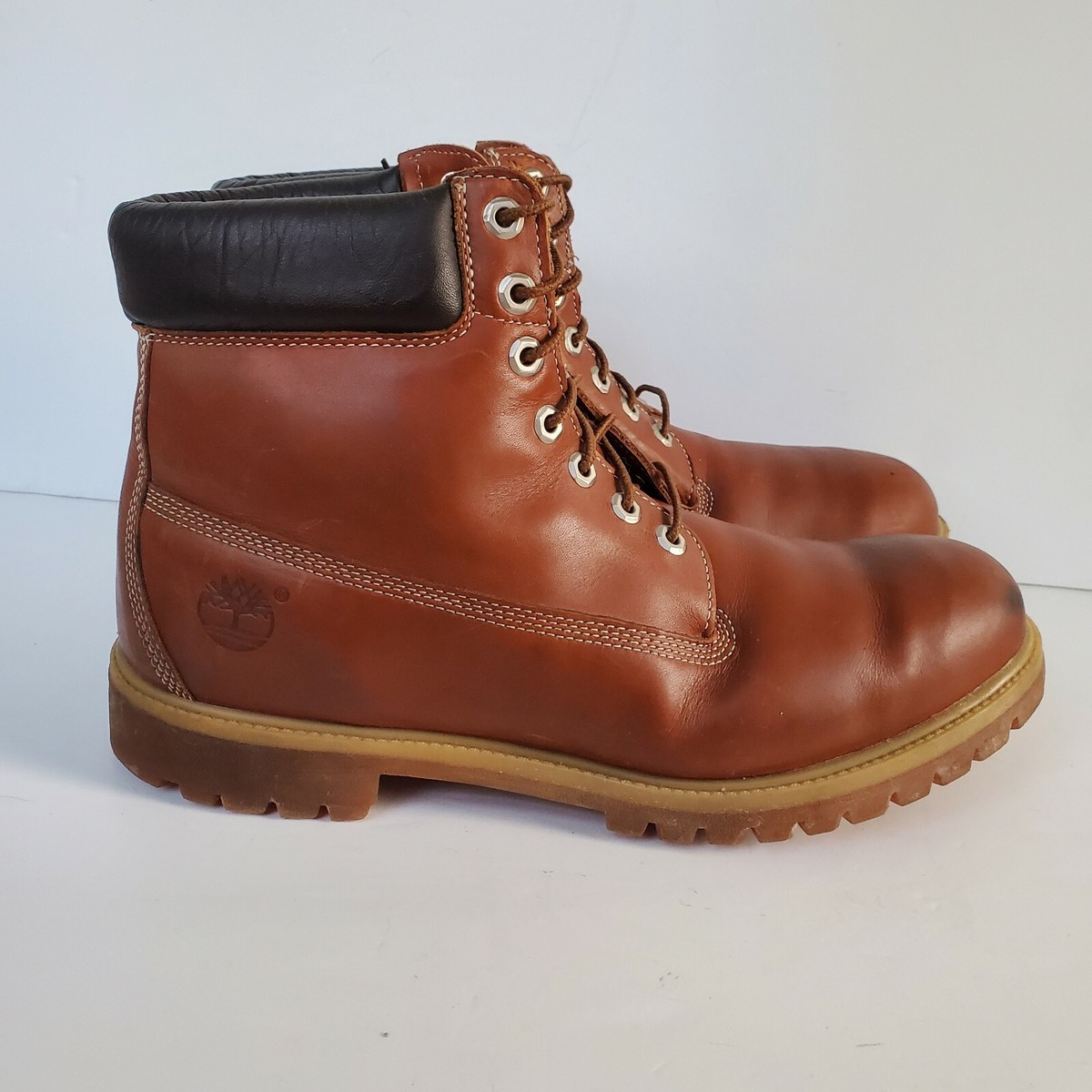 Timberland 6 inch waterproof leather boots in brown showing weathered appearance after extensive outdoor use
