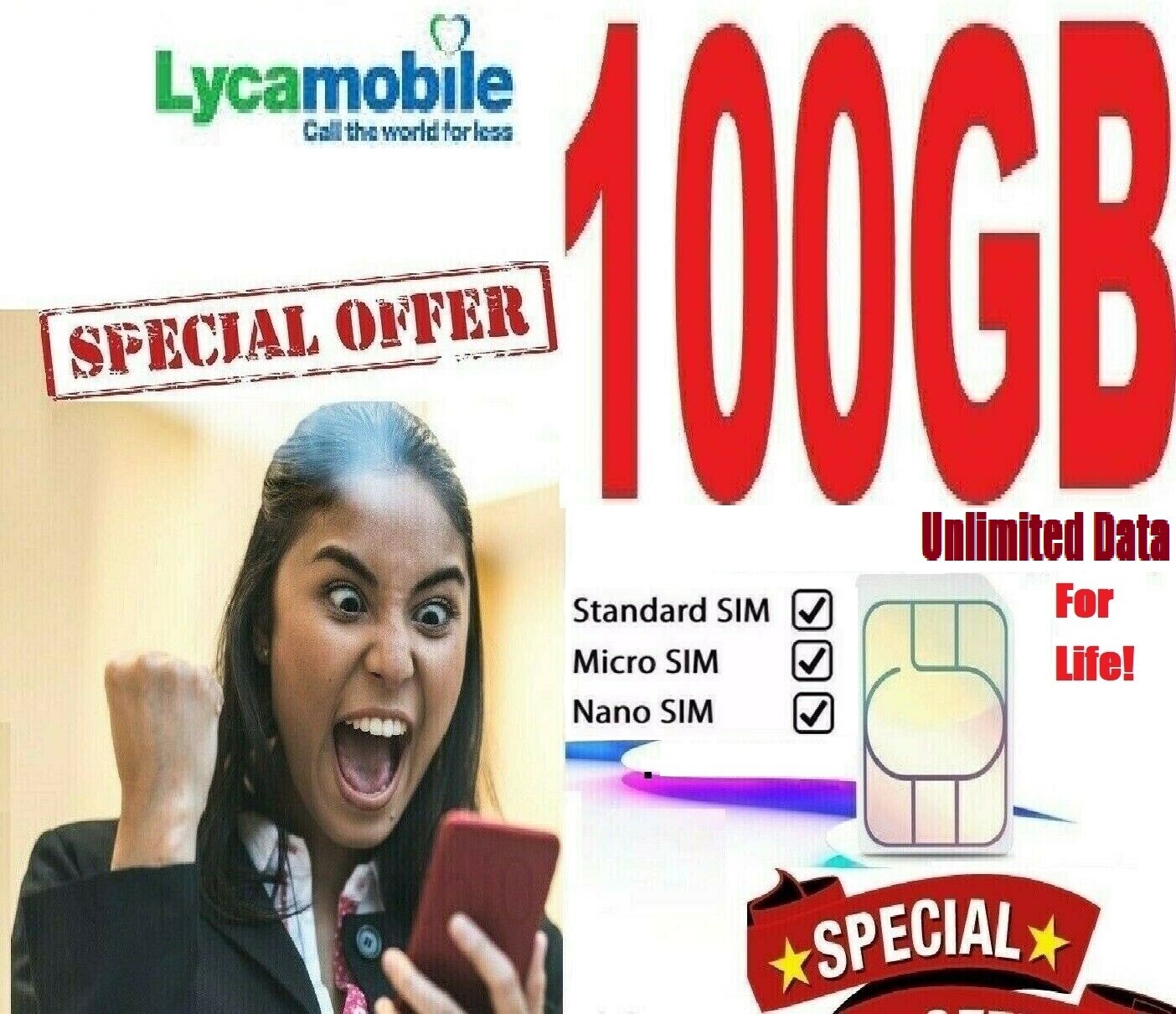 100GB Data for life Lycamobile Pay as you go SIM Card for Dongle iPad