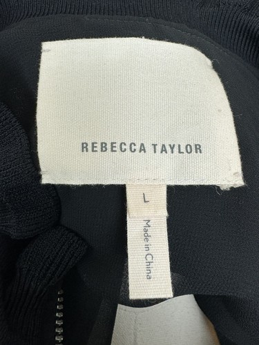 Rebecca Taylor Size L Floral Ruffle Hem Navy Velvet Full Zip Bomber Jacket - Picture 5 of 6