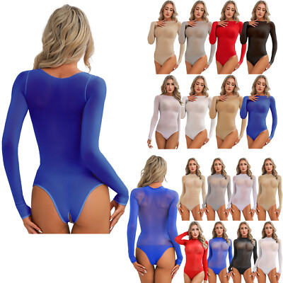 Womens One Piece See Through Swimwear Long Sleeve High Cut Bodysuit Bathing  Suit